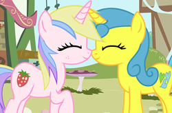 Size: 750x491 | Tagged: safe, artist:silentfilly, holly dash, lemon hearts, pony, unicorn, g4, background used, base used, boop, cute, duo, duo female, eyes closed, female, happy, lesbian, mare, mushroom table, noseboop, ship:hollyhearts, shipping
