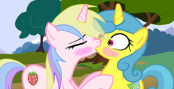 Size: 750x385 | Tagged: safe, artist:silentfilly, holly dash, lemon hearts, pony, unicorn, g4, background used, base used, blushing, duo, duo female, eyes closed, female, kiss on the lips, kissing, lesbian, mare, ship:hollyhearts, shipping, surprised