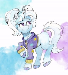 Size: 3543x3914 | Tagged: safe, artist:lightisanasshole, gameloft, trixie, pony, unicorn, g4, my little pony: magic princess, alternate hairstyle, babysitter trixie, clothes, cute, diatrixes, female, high res, hoodie, jacket, mare, pigtails, raised hoof, smiling, solo, twintails, unshorn fetlocks