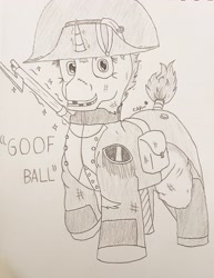 Size: 3456x4468 | Tagged: safe, artist:cap_watching, oc, oc only, pony, unicorn, fallout equestria, bicorne, frenchie, hat, horn, musket, pencil drawing, solo, traditional art, unicorn oc