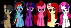 Size: 1170x465 | Tagged: safe, applejack, fluttershy, pinkie pie, rainbow dash, rarity, twilight sparkle, pony, elements of insanity, g4, applepills, black background, brutalight sparcake, fluttershout, looking at you, mane six, pinkis cupcake, rainbine, rarifruit, simple background, smiling, smiling at you