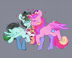 Size: 2500x2032 | Tagged: safe, artist:junne, princess cadance, oc, oc:gryph xander, alicorn, pegasus, pony, g4, canon x oc, cute, female, flower, goggles, heart, high res, horn, jewelry, mare, shipping, tiara, wings