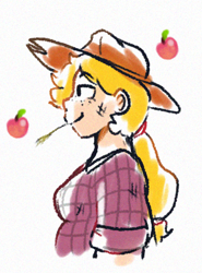 Size: 352x476 | Tagged: safe, artist:punkittdev, applejack, human, g4, apple, bust, chubby, clothes, female, food, humanized, lidded eyes, plaid shirt, profile, shirt, smiling, solo, straw in mouth