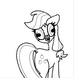 Size: 1004x1053 | Tagged: safe, artist:scandianon, applejack, earth pony, pony, g4, derp, ears back, female, flehmen response, hoers, horses doing horse things, looking at you, looking back, looking back at you, mare, monochrome, rectangular pupil, simple background, solo, white background