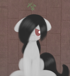 Size: 1103x1203 | Tagged: safe, artist:castafae, oc, oc only, oc:faint rune, earth pony, pony, blushing, brown background, female, floppy ears, hair over one eye, looking at you, mare, mistleholly, simple background, sitting, smiling, smiling at you, solo