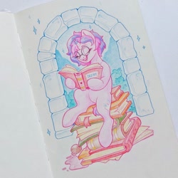 Size: 1280x1280 | Tagged: safe, artist:amishy, oc, oc only, oc:melody (melodylibris), pony, unicorn, book, eyes closed, female, glasses, hoof hold, magical construct, mare, open mouth, open smile, reading, round glasses, sitting, smiling, solo, traditional art