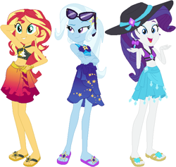 Size: 612x579 | Tagged: safe, artist:sturk-fontaine, rarity, sunset shimmer, trixie, human, equestria girls, g4, arm behind head, base used, belly, belly button, bikini, clothes, female, geode of empathy, geode of shielding, hand on hip, hat, magical geodes, midriff, rarity's blue sarong, rarity's purple bikini, sarong, simple background, sun hat, sunglasses, sunset shimmer's beach shorts swimsuit, swimsuit, trio, trio female, trixie's swimsuit, white background