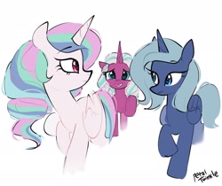 Size: 2048x1723 | Tagged: safe, artist:petaltwinkle, opaline arcana, princess celestia, princess luna, alicorn, pony, g5, my little pony: make your mark, my little pony: make your mark chapter 4, sunny side up, spoiler:g5, spoiler:my little pony: make your mark, spoiler:my little pony: make your mark chapter 4, spoiler:mymc04e04, female, grin, looking back, mare, nervous, nervous smile, scene interpretation, signature, simple background, smiling, trio, white background, younger