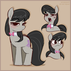 Size: 2500x2500 | Tagged: safe, artist:syrupyyy, octavia melody, earth pony, pony, g4, blushing, bowtie, cross-popping veins, emanata, eye clipping through hair, eyebrows, eyebrows visible through hair, female, frown, high res, lidded eyes, looking at you, mare, no catchlights, octavia is not amused, open mouth, solo, unamused