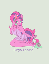 Size: 1582x2048 | Tagged: safe, artist:mscolorsplash, skywishes, earth pony, anthro, g3, breasts, busty skywishes, cleavage, clothes, colored pupils, eyebrows, eyebrows visible through hair, female, green background, high heels, kneeling, mare, name, nightgown, phone, shoes, simple background, solo
