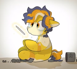 Size: 3066x2749 | Tagged: safe, artist:mochi_nation, oc, oc only, oc:moth, earth pony, pony, coat markings, crying, female, floppy ears, high res, mare, shackles, sitting, solo, stylus, tears of joy