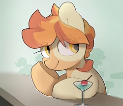 Size: 2236x1942 | Tagged: safe, artist:mochi_nation, oc, oc only, oc:flame egg, earth pony, pony, bar, eye clipping through hair, female, hoof on chin, lidded eyes, mare, martini glass, silhouette, smiling, solo focus