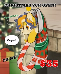 Size: 2243x2701 | Tagged: safe, artist:mochi_nation, oc, oc only, oc:moth, earth pony, pony, advertisement, candy, candy cane, christmas, christmas stocking, christmas tree, coat markings, commission, female, food, high res, holiday, hoof hold, mantle, mare, solo, text, tiny, tiny ponies, tree, ych example, your character here
