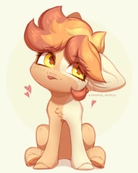Size: 2400x3000 | Tagged: safe, artist:avroras_world, oc, oc:flame egg, earth pony, pony, art trade, coat markings, cute, eye clipping through hair, female, heart, high res, mare, simple background, sitting, solo, tongue out, yellow background