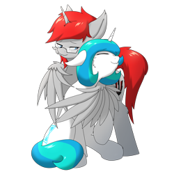 Size: 2500x2500 | Tagged: safe, artist:tx547, oc, oc only, oc:ericken, oc:time slowly, alicorn, pony, unicorn, 2024 community collab, derpibooru community collaboration, duo, duo male and female, female, glasses, high res, horn, hug, male, simple background, transparent background, winghug, wings