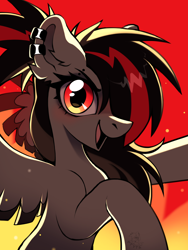 Size: 1620x2160 | Tagged: safe, artist:rtootb, oc, oc only, oc:era, pegasus, pony, advertisement, big ears, big eyes, black mane, cute, ear fluff, ear piercing, eyebrow piercing, female, fire, floppy ears, gray fur, looking at you, mare, open mouth, pegasus oc, piercing, ponytail, raised hoof, red and black mane, red eyes, smiling, smiling at you, solo, spread wings, wings