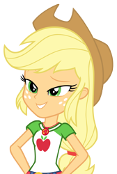 Size: 5559x8260 | Tagged: safe, artist:andoanimalia, applejack, human, equestria girls, equestria girls specials, g4, my little pony equestria girls: better together, my little pony equestria girls: holidays unwrapped, o come all ye squashful, applejack's hat, belt, breasts, bust, clothes, collar, cowboy hat, eyebrows, female, freckles, geode of super strength, hand on hip, hat, long hair, magical geodes, ponytail, raised eyebrow, shirt, simple background, smiling, solo, t-shirt, teenager, teeth, transparent background, vector