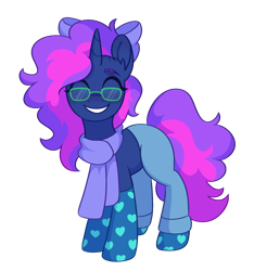 Size: 1437x1536 | Tagged: safe, artist:skysorbett, oc, oc only, oc:crystal dawn, pony, unicorn, 2024 community collab, derpibooru community collaboration, bow, clothes, eyes closed, glasses, hair bow, horn, pants, scarf, simple background, socks, solo, transparent background, two toned mane, wide smile