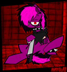 Size: 1790x1940 | Tagged: safe, artist:xxv4mp_g4z3rxx, derpibooru exclusive, oc, oc:violet valium, bat pony, pony, bags under eyes, bat pony oc, clothes, collar, ear piercing, eyeliner, folded wings, hoodie, hospital band, knife, looking at you, makeup, one leg raised, piercing, red background, red eyes, scar, signature, simple background, sitting, solo, spiked collar, spiked wristband, tail, torn clothes, torn ear, two toned mane, two toned tail, wings, wristband