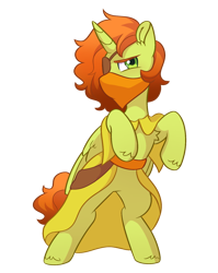 Size: 1208x1520 | Tagged: safe, artist:skysorbett, oc, oc only, oc:dusty dunes, alicorn, pony, 2024 community collab, derpibooru community collaboration, alicorn oc, bipedal, clothes, eyepatch, horn, simple background, solo, transparent background, wings