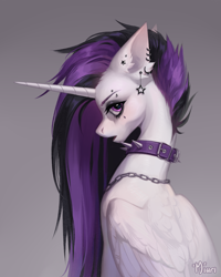 Size: 2800x3500 | Tagged: safe, artist:miurimau, princess celestia, alicorn, pony, between dark and dawn, g4, bust, collar, ear piercing, earring, ears back, eyebrow piercing, female, gradient background, gray background, high res, jewelry, mare, necklace, piercing, punklestia, solo, spiked collar