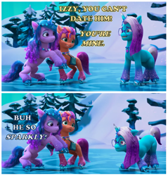 Size: 1325x1384 | Tagged: safe, edit, edited screencap, screencap, comet (g5), izzy moonbow, sunny starscout, auroricorn, earth pony, pony, unicorn, g5, my little pony: make your mark, my little pony: make your mark chapter 6, secrets of starlight, spoiler:g5, spoiler:my little pony: make your mark, spoiler:my little pony: make your mark chapter 6, spoiler:mymc06e04, bipedal, bipedal leaning, bisexual, comic, cute, dialogue, female, glasses, ice, ice skates, izzybetes, jealous, leaning, lesbian, male, mane stripe sunny, mare, screencap comic, ship:combow, ship:moonscout, shipping, skates, snow, stallion, straight, sunnybetes, text, that pony sure does love glitter, this will end in polygamy, this will end in threesome, tree
