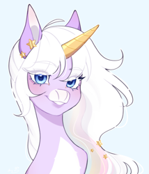 Size: 1969x2300 | Tagged: safe, artist:ruru_01, oc, oc only, pony, unicorn, blue background, blue eyes, bust, ear piercing, female, golden horn, long hair, long mane, looking at you, multicolored hair, piercing, portrait, rainbow hair, simple background, smiling, smiling at you, solo, stars