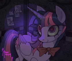 Size: 1746x1484 | Tagged: safe, artist:clowncarpal, twilight sparkle, alicorn, pony, g4, bowtie, colored wings, colored wingtips, female, five nights at freddy's, looking at you, mare, solo, twilight sparkle (alicorn), wings