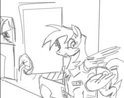 Size: 851x676 | Tagged: safe, artist:clowncarpal, derpy hooves, pegasus, pony, g4, black and white, clothes, computer, fan, female, five nights at freddy's, grayscale, mare, monochrome, sketch, solo