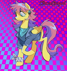 Size: 1593x1688 | Tagged: safe, artist:clowncarpal, fluttershy, pegasus, pony, g4, 80s, abstract background, alternate hairstyle, checkered background, clothes, ear piercing, earring, everything old, female, jacket, jewelry, mare, piercing, solo