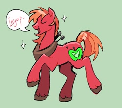 Size: 1541x1370 | Tagged: safe, artist:clowncarpal, big macintosh, earth pony, pony, g4, big macintosh's yoke, dialogue, eeyup, green background, horse collar, male, raised hoof, simple background, speech bubble, stallion, unshorn fetlocks