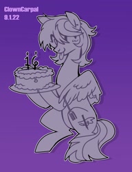 Size: 1574x2050 | Tagged: safe, artist:clowncarpal, oc, oc only, oc:inky quills, pegasus, pony, birthday, cake, ear piercing, food, fork, gradient background, male, piercing, purple background, solo, stallion, wing hold, wings