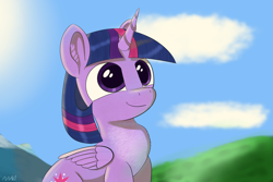 Size: 3072x2048 | Tagged: safe, artist:maonyman, twilight sparkle, alicorn, pony, chest fluff, cloud, ear fluff, female, folded wings, grass, horn, looking up, mare, mountain, sky, smiling, solo, unicorn horn, wings
