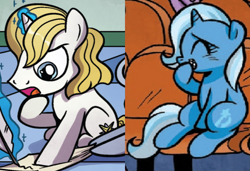 Size: 812x555 | Tagged: safe, edit, idw, prince blueblood, trixie, pony, unicorn, g4, spoiler:comic40, spoiler:comicdeviations, colt, colt blueblood, cropped, cute, diatrixes, female, filly, filly trixie, foal, magic, magic aura, male, parchment, quill, ship:bluetrix, shipping, shipping domino, sitting, snickering, straight, younger