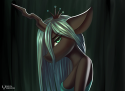 Size: 2400x1750 | Tagged: safe, artist:delta hronum, queen chrysalis, changeling, changeling queen, anthro, g4, looking at you, solo