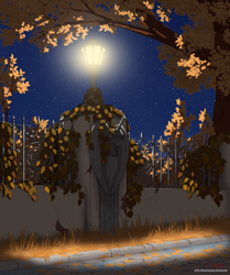 Size: 1348x1612 | Tagged: safe, artist:eriada, alicorn, pony, autumn, bust, lamppost, night, no pony, statue