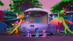 Size: 1920x1076 | Tagged: safe, screencap, izzy moonbow, leaf (g5), luxxe, misty brightdawn, pipp petals, dragon, pegasus, pony, unicorn, g5, my little pony: make your mark, my little pony: make your mark chapter 6, the isle of scaly, spoiler:g5, spoiler:my little pony: make your mark, spoiler:my little pony: make your mark chapter 6, spoiler:mymc06e01, animated, concerned, female, forced smile, happy, laughing, mare, marestream, rebirth misty, shaking, smiling, sound, the isle of scaly (location), webm