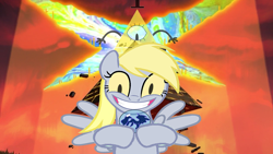 Size: 1258x708 | Tagged: safe, derpy hooves, pegasus, pony, fanfic:full friendship's magic, g4, bad ending?, bill cipher, crossover, gravity falls, possessed