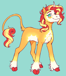 Size: 1264x1469 | Tagged: safe, artist:eggoatt, sunset shimmer, classical unicorn, pony, unicorn, g4, bald face, blaze (coat marking), blue background, chest fluff, chin fluff, closed mouth, cloven hooves, coat markings, colored hooves, curved horn, facial markings, female, horn, leonine tail, looking at you, mare, pale belly, simple background, smiling, socks (coat markings), solo, standing, tail, tail fluff, unshorn fetlocks