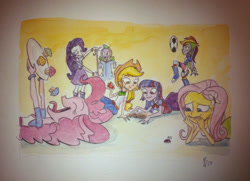 Size: 1280x929 | Tagged: safe, artist:westoons, applejack, fluttershy, pinkie pie, rainbow dash, rarity, spike, twilight sparkle, insect, ladybug, equestria girls, g4, apple, book, bracelet, clothes, cupcake, eating, eyelashes, eyes closed, food, football, group, jewelry, mane six, measuring tape, open mouth, plate, shirt, sports, tongue out, traditional art