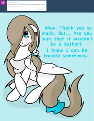 Size: 1280x1644 | Tagged: safe, artist:mayiamaru, oc, oc only, oc:mayia, pegasus, pony, ask mayia, blue background, blushing, clothes, cyan background, female, mare, scarf, simple background, solo