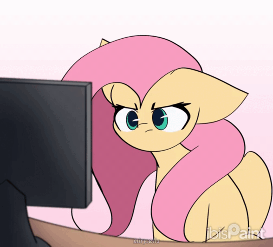 [:<,angry,animated,blushing,computer,cute,female,fluttershy,g4,gif,long hair,looking at you,mare,pegasus,pony,reaction image,safe,shy,signature,sitting,solo,unamused,fluttershy is not amused,shyabetes,gradient background,peeved,madorable,artist:miryelis,computer reaction faces]