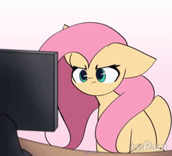 Size: 1550x1400 | Tagged: safe, artist:miryelis, fluttershy, pegasus, pony, g4, :<, angry, animated, blushing, computer, computer reaction faces, cute, female, floppy ears, fluttershy is not amused, gif, gradient background, long hair, looking at you, madorable, mare, one ear down, peeved, reaction image, shy, shyabetes, signature, sitting, solo, unamused