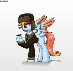 Size: 1856x1804 | Tagged: safe, artist:maxiclouds, oc, oc only, oc:wind east, insect, pegasus, pony, clothes, hat, hooves, jacket, long tail, not rainbow dash, not windy whistles, simple background, solo, spread wings, tail, wings