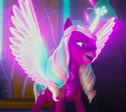 Size: 1085x965 | Tagged: safe, screencap, opaline arcana, alicorn, pony, g5, my little pony: make your mark, my little pony: make your mark chapter 6, the isle of scaly, spoiler:g5, spoiler:my little pony: make your mark, female, glowing, glowing horn, glowing wings, horn, isle of scaly, mare, solo, stolen cutie marks, wings