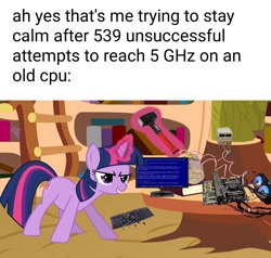 Size: 1080x1030 | Tagged: artist needed, safe, twilight sparkle, pony, unicorn, g4, blue screen of death, computer, golden oaks library, graphics card, hammer, keyboard, meme, solo, text, unicorn twilight, wi-fi