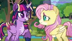 Size: 1280x720 | Tagged: safe, artist:caffeinatedcarny, edit, screencap, fluttershy, twilight sparkle, alicorn, pegasus, pony, g4, cloven hooves, freckles, horn runes, markings, redesign, redraw, screenshots, slit pupils, twilight sparkle (alicorn), unshorn fetlocks