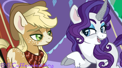 Size: 1054x592 | Tagged: safe, artist:caffeinatedcarny, applejack, rarity, earth pony, pony, unicorn, g4, bandana, cloven hooves, freckles, horn runes, markings, redesign, redraw, screenshots, unshorn fetlocks