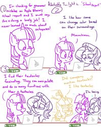 Size: 4779x6013 | Tagged: safe, artist:adorkabletwilightandfriends, moondancer, starlight glimmer, twilight sparkle, alicorn, pony, unicorn, comic:adorkable twilight and friends, g4, adorkable, adorkable twilight, book, comic, computer, cute, dork, happy, homework, i've seen enough hentai to know where this is going, kinky, laptop computer, lip bite, mood whiplash, nodding, scared, sitting, slice of life, smiling, table, taboo, tentacles, twilight sparkle (alicorn)