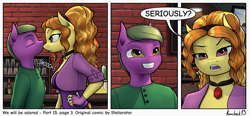 Size: 1675x775 | Tagged: safe, artist:apocheck13, adagio dazzle, oc, oc:peach cobbler, anthro, comic:we will be adored, comic:we will be adored part 15, g4, adagio dazzle is not amused, canon x oc, cute, grin, kissing, nose kiss, seriously, smiling, unamused